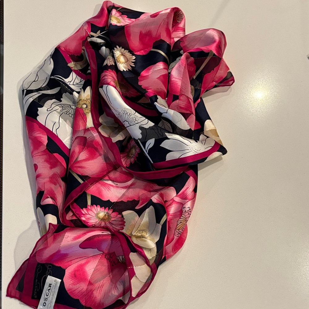 Oscar de la Renta Navy Blue with Vibrant Pink, White and Cream SILK Flower Scarf
